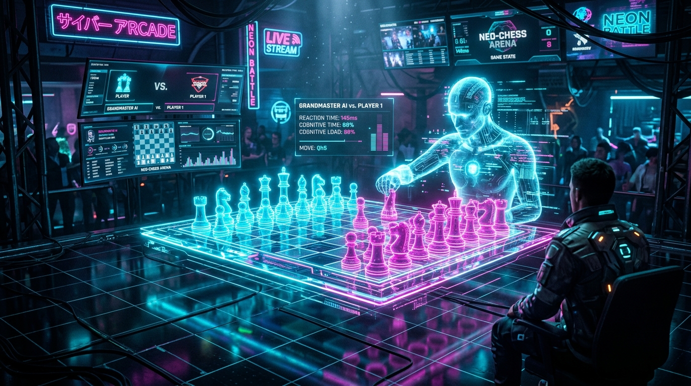 Futuristic Cyber Chess Arena with Holographic Grandmaster AI