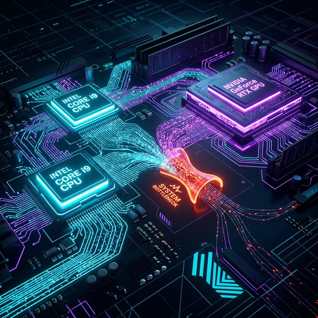Glowing 3D concept of a CPU and GPU connected by optical data lines with a bottleneck choke point.