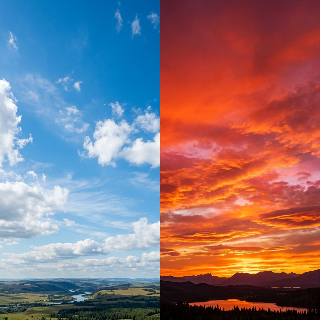 Blue daytime sky on the left, deep orange-red sunset sky on the right — same atmosphere, same sunlight, different path length through air.